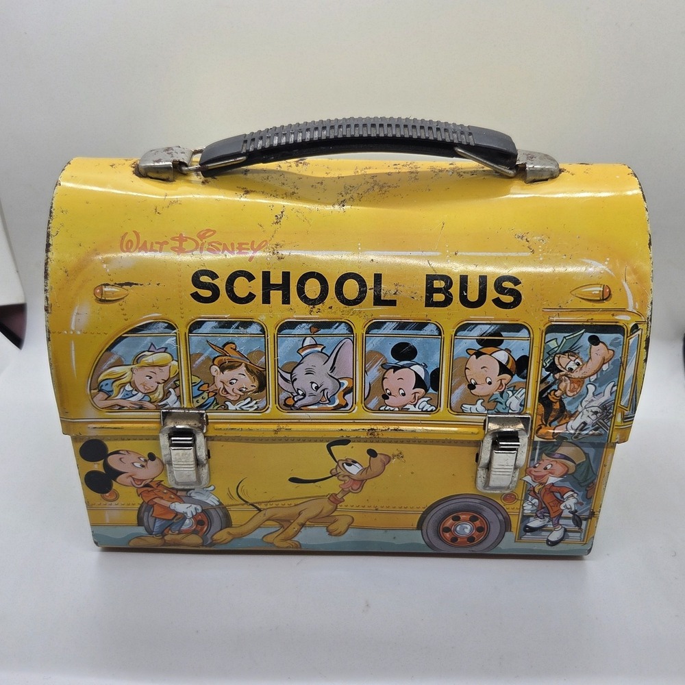 Vintage 1961 Walt Disney School Bus Metal Dome Lunch Box Aladdin Industries...